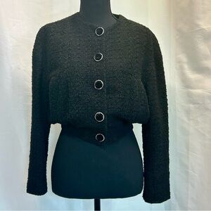 Zara Black tweed bomber jacket velvet button front Sz L